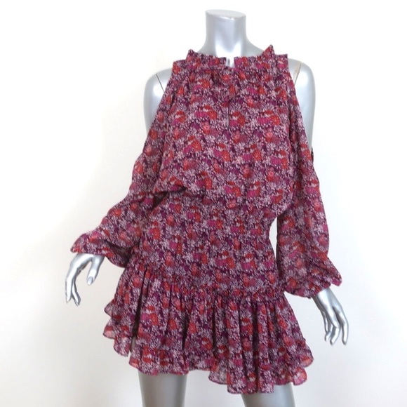 MISA Yesenia Purple Floral Chiffon Ruffle Cold Shoulder Mini Dress - Picture 6 of 7